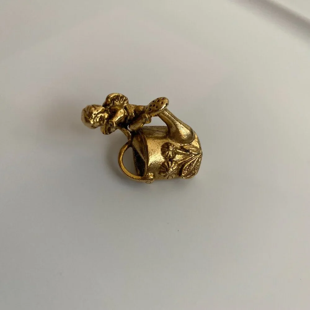 Estate Vintage Signed CAMCO Gold Tone Cherub Watering Can Brooch Pin Made in USA